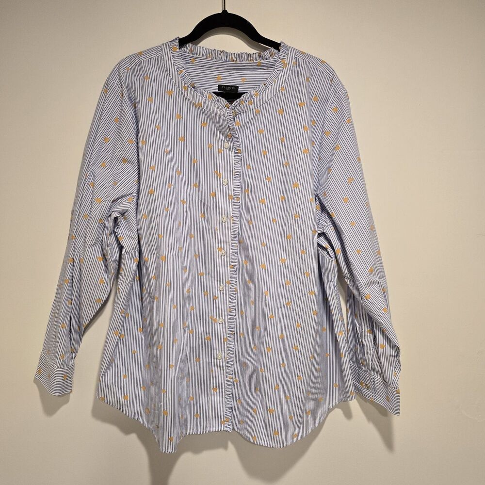 Talbots Size 3X Ruffle Band Collar Poplin Button Down Stripe Gold Heart Cotton